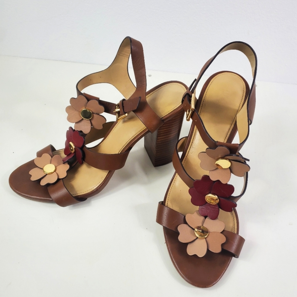 MICHAEL KORS Leather + Wood Flower Strappy Cage Heels / Sandals - Picture 1 of 16